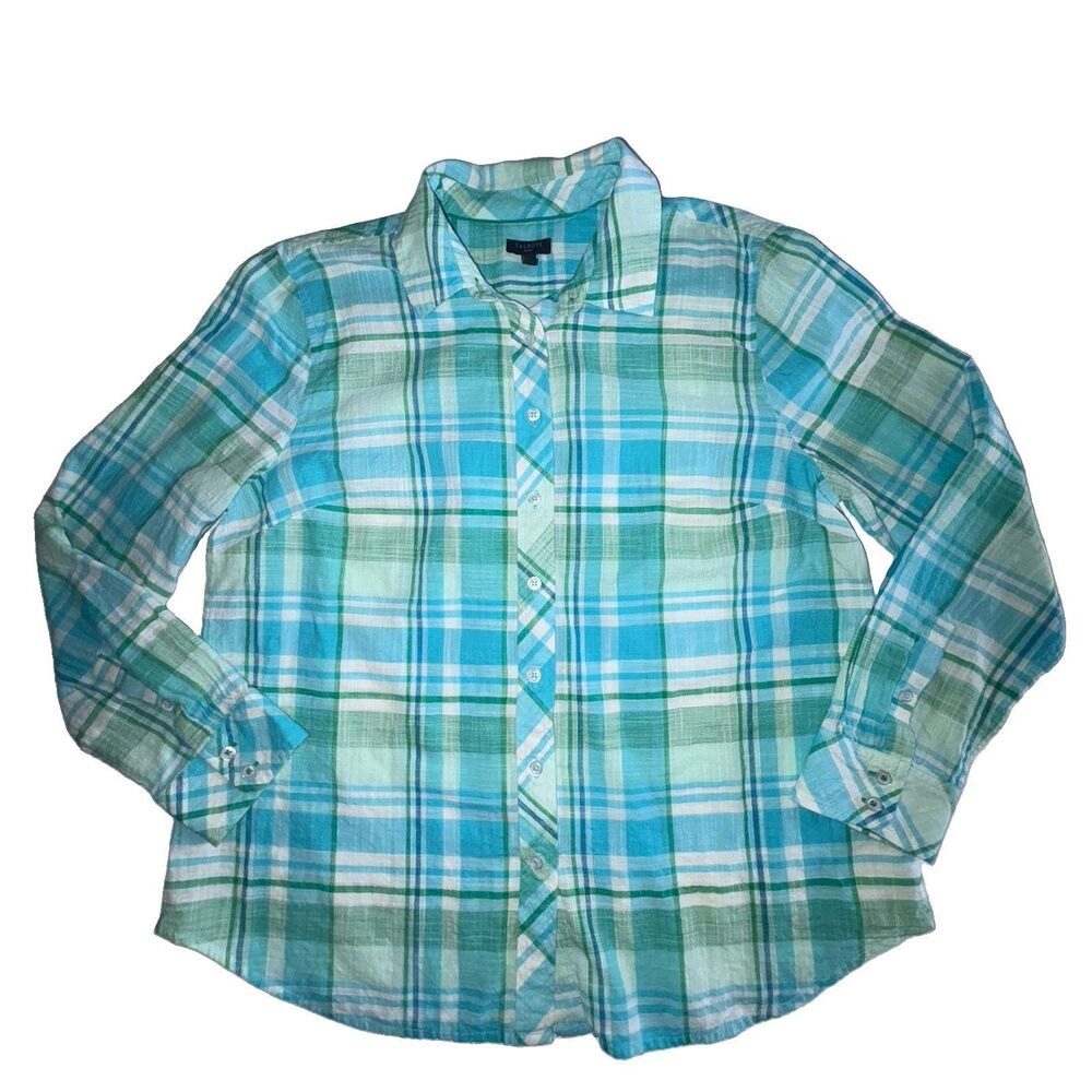 TALBOTS Blue & Green Long Sleeve Plaid Button Shirt Top Blouse LP Large Petite